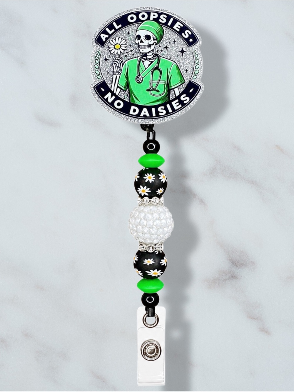 All Oopsies No Daisies Skeleton Beaded Badge Reel